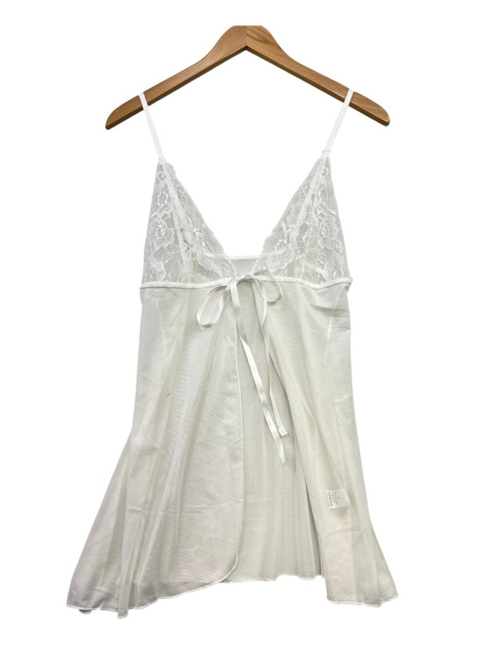 Womens Sleeveless Sheer Lingerie Babydoll Nightgown Medium White Lace Front Tie